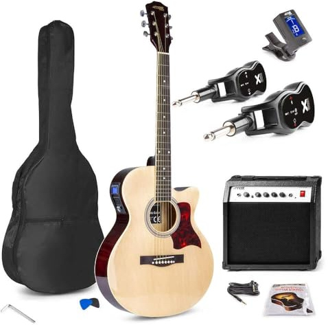 MAX ShowKit Elektro Akustik Gitarre Set mit Verstärker 40 Watt, Gitarrentasche, Gitarrenstimmgerät, Kabel, Plektrum und Sender & Empfänger, E Akustikgitarre mit Tonabnehmer, Natur Holz
