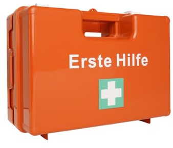 First Aid Products - Petite valise de premiers secours - DIN 13157:2021 - Remplissage - Orange - Plastique ABS incassable et résistant aux chocs - Support mural et vis - Pour bureau, entreprise et