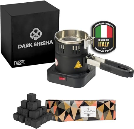 Set Hornillo Eléctrico Dark Shisha 600W con Cesta + 1 kg Carbón Cocobration 27 mm para Cachimba | Encendido Rápido 7–8 Minutos | Hasta 10 Carbones | Compacto y Seguro