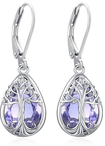 Eusense Boucles d'Oreilles Pendantes Goutte d'Eau en Cristal avec Arbre de Vie et Filigrane Incrustation de Pierres Lune, Améthyste, Péridot et Grenat, Bijoux pour Femme, Cadeau d'Anniversaire