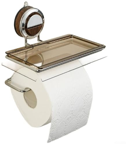 Porta carta igienica con doppia ventosa, supporto in acciaio inox e ripiano in legno di noce per bagni piccoli spazi (A)