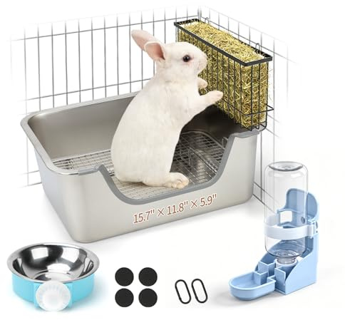 HYLYUN 4-in-1 Kaninchen Toilette Edelstahl mit Heuraum usw, Große 40x30cm