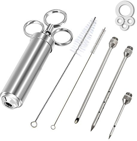 kaycrown 2-ounce 304 Stainless Steel Seasoning Injector with 3 Professional Marinade Needle BBQ Meat Taste injekuta Kithen Cooking Sauce Marinade sirinziakusesari- with Cleaning Brush