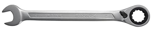 SW-Stahl 03520L-24 Gabelringratschenschlüssel 24 mm mit Umschalthebel | 72 Zähne Maulschlüssel mit Ringratsche, Chrom-Vanadium, 15° gekröpft, umschaltbar für Rechts- und Linkslauf, Profi-Qualität