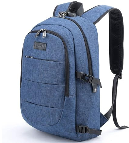 Tzowla Laptop Rucksack Herren und Damen, Reiserucksack Wasserdicht Anti-Diebstahl mit USB-Ladeanschluss und Schloss fur 17,3 Zoll Notebook,Schmaler Business Arbeits Uni Lässiger Tagesrucksack-Blau