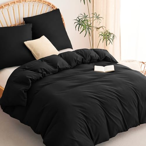 WAVVE Bettwäsche 200x200 3teilig Schwarz - 80x80 Kissenbezüge, Mikrofaser | Bettbezug 200x200cm mit 2 Kissenbezüge 80x80cm, 2x2 m Bettwäsche-Sets mit Reißverschluss, Oeko-TEX, Weich & Bügelfrei