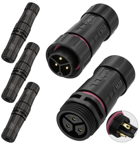 AOHUA M20 3-poliger IP68 Wasserdichter Steckverbinder 4er-Set, Lötanschluss Male/Female Stecker-Buchse, 300V/15A, Ø5,5–10 mm, Industrieverbinder für Außenverkabelung, UL, TUV, SAA, CE, RoHS