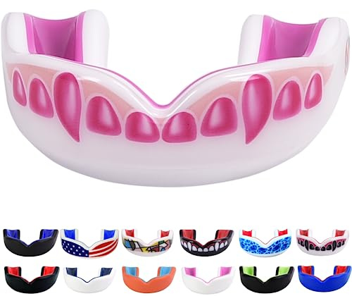 Oral Mart White/Pink Youth Vampire Fangs Mouth Guard for Kids - Youth Mouthguard for Karate, Football, Martial Arts, Taekwondo, Boxing, Rugby, BJJ, Muay Thai, Soccer, Hockey (with Free Case)