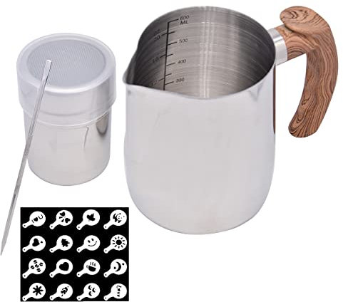 SIPLIV Kit de herramientas de arte de café jarra de espuma de acero inoxidable jarra de vapor con marcas de medición, pluma de decoración, coctelera de cacao en polvo, plantillas de café, 20 onzas