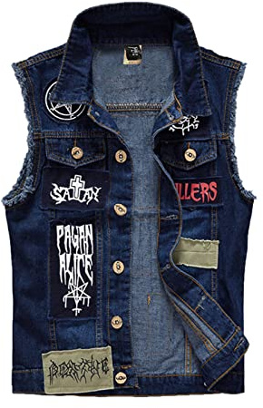 Gilet en Jean pour Hommes Patch de Mode Style Rock déchiré effiloché Denim Gilet Vintage Biker Gilet Revers sans Manches Cowboy Veste