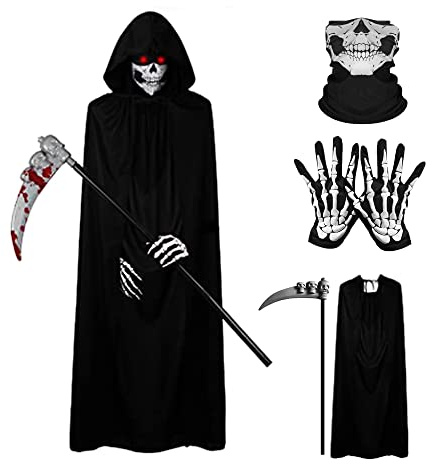 Gobesty Costume de Faucheuse, 4 Pièces Déguisement Halloween Faucheur Ensemble, Cape à Capuche, Masque Tête de Mort, Gants Squelette et Accessoire de Faucille, Sorcière Diable Vampire Cosplay, Noir