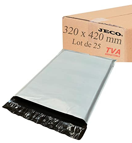 Jeco - Lot de 25 Pochettes plastique d'expédition opaques 320 x 420 mm, enveloppes plastifiées VAD 32x42cm 50 microns. Légère, solide, inviolable et imperméable