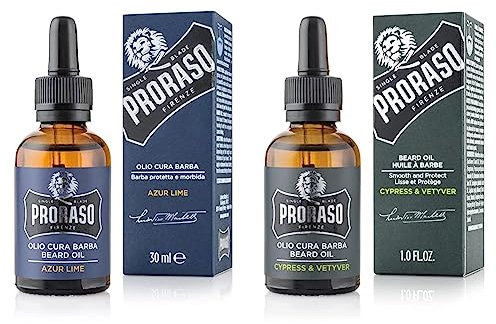 Proraso Huile Barbe Azur Lime, 30 ml, Huile pour barbe parfumée, Adoucit et protège les barbes longues et hirsutes, Fabriqué en Italie & Huile Barbe Cyprès & Vétiver, 30 ml