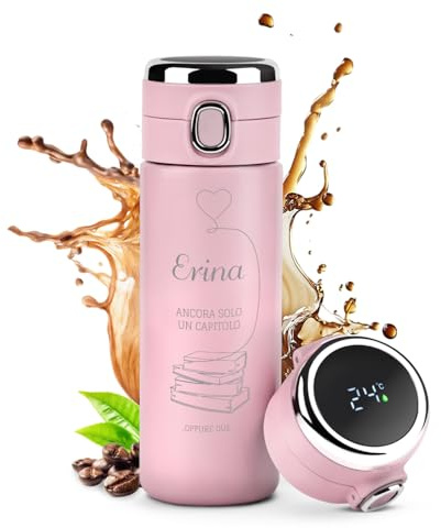 Maverton Termos caffè e Tè in acciaio inox, bicchiere termico 400 ml | incisione personalizzata, indicatore di temperatura led, coperchio ermetico one-touch, donna, love book