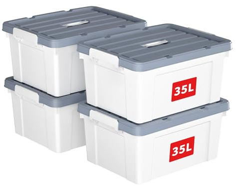Cetomo 35L*4 Aufbewahrungsboxen, Tragbare Plastikboxen mit Deckeln, Organizer-Behälter mit Griff und Clips, Stapelbar, Ineinander Nestbar, für Zuhause und Büro, Weiß, 35L-4er Pack