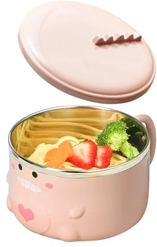 HERCHR Bol à soupe avec Manche, Bol à soupe en acier inoxydable de dessin animé avec couvercle et poignées, bol à céréales de dinosaure mignon bol à ramen japonais bol à nouilles bol à soupe bolRose