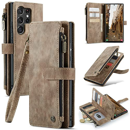 UEEBAI Hülle für Samsung Galaxy S23 Ultra 5G, Premium PU Lederhülle, Braun