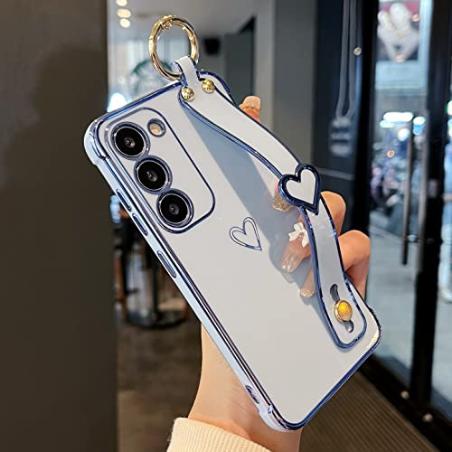 ZTOFERA Compatible with Samsung Galaxy S23 5G Case with Wrist Strap, Flexible Silicone Case with Cute Heart Pattern Hand Strap Stand Finger Holder Wristband Shockproof Cover, Sierra Blue