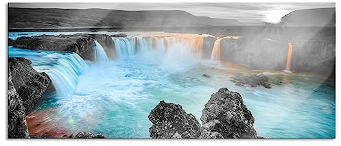 Pixxprint Glasbild Panorama, Wandbild aus Echtglas, Goðafoss bei Sonnenuntergang, 100x40 cm, inkl. Aufhängung und Abstandshalter