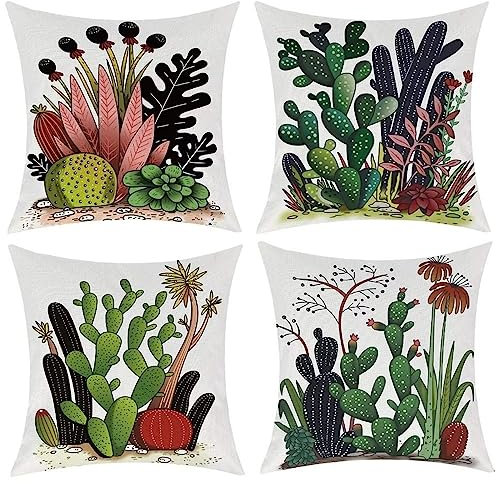 Juego de 4 Flor de Cactus Fundas de Cojines,Moderno Cuadradas Cojines 55x55cm,Fundas de cojín Terciopelo Decorativas Suaves y Transpirables para Patio Jardín Carpa Sala de Estar Sofá Mueble Exteriores