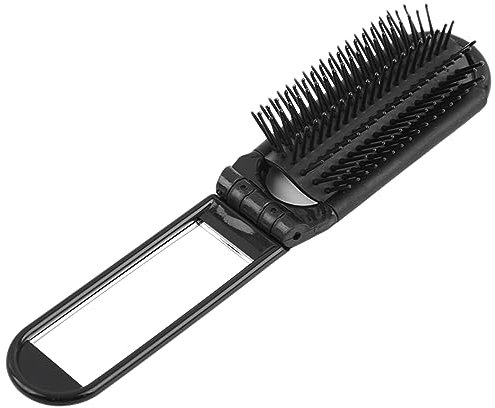 AZWOOD Pocket Compact Foldable Hair Brush with Mirror Folding Travel Hair Brush Mini Hair Comb for Family Portable Hair Massage Comb for Women and Girls (Black)