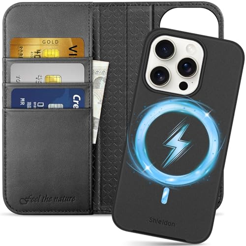 SHIELDON Rindsleder Hülle für iPhone 15 Pro 6,1 2023 5G, Schwarz | Abnehmbare, Kabelloses Laden, Kartenfach, Ständer, RFID Blocker, Stoßfeste Schutzhülle, Lederhülle, 2 IN 1 Klapphülle