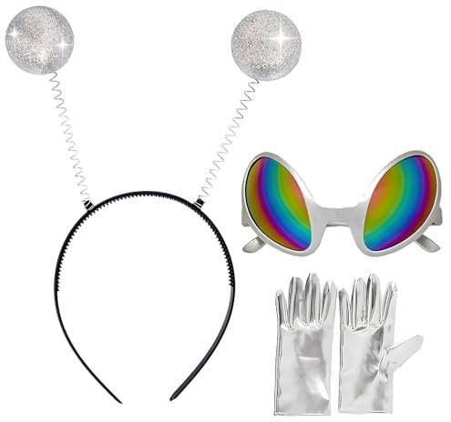 Yi'antai Alien Stirnband, Haarreif Alien Brille, Außerirdische Brille mt Silberne Handschuhe, Stirnband Alien, Headband Alien, Alien Kostüm Zubehör