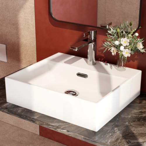 EMKE Waschbecken Eckiges Design Handwaschbecken, Hochwertige Keramik Hängewaschbecken mit dünnem Rand, Waschtisch Für Badezimmer Gäste-WC (410x360x130mm, Weiß)