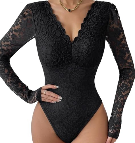 SHEKINI Body da Donna in Pizzo Trasparente Maniche Lunghe Body Donna Elegante Bodysuit con Bordo Smerlato Scollo V Shapewear