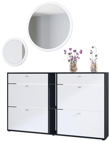 Vladon Garderoben-Set Florence mit Schuhschrank und 2 Wandspiegel, Made in Germany, Schwarz matt/Weiß matt
