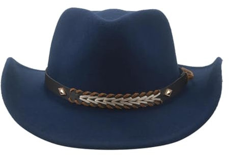 FULUJIDI Fedora Trilby Filzhut Hut Cowboy Hut Mann Für Frauen Großer Krempe Solid Panama Western Cowboy Männer Mützen Cowgirls Hut Männer Gürtel 56-58Cm (Erwachsene) Navy