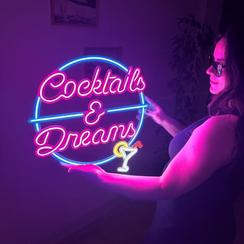 Cocktails and Dreams Neon metall väggkonst, neon väggskylt, neon väggdekor, LED rumsdekor, hembar neonskylt, fest neonljus, pub bar LED-skylt, cocktailbarskylt, (utan fjärrkontroll)