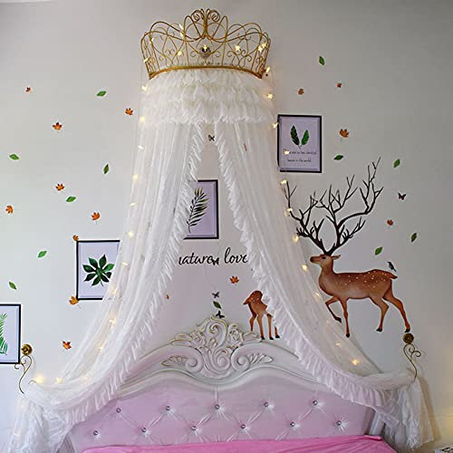 SULQING Prinzessinnen-Betthimmel, Metallkrone, Moskitonetz, Kinder, Erwachsene, runde Spitzenkuppel, schnelle einfache Installation für Schlafzimmerdekoration, Camping