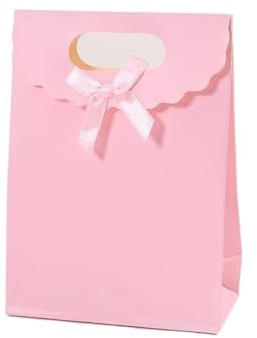 Papiertüten Mit Griffen Einfarbige weiße Kartontüte mit Schleifenbändern, Verpackung von Süßigkeiten, Geschenken, Snacks und Keksen for Kinderpartys, Babypartys und Geburtstage Papiertragetaschen(Pink