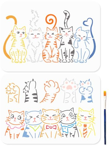 MAYJOYDIY 2Pcs Cute Cat Painting Stencils 29.7×21cm Cat Paws Kitten Party Templates with Paint Brush Reusable Animal Theme Pet Stencil for Wood Window DIY Craft Photo Album