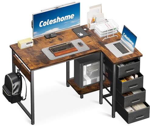 Coleshome Small Corner Desk with Drawers for Home Office, 100x70 cm, Brown | Reversible L Shaped Computer Desk for Small Spaces, Easy Assembly Design
