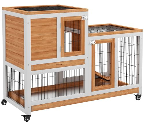 PawHut Conejera de Madera de 2 Niveles Jaula para Conejos con Ruedas Puertas Zona Abierta Rampa y 2 Bandejas Extraíbles Conejera para Interior 110x50x88 cm Natural y Blanco
