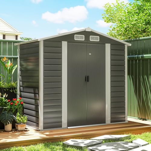 Outsunny 7 x 4ft Garden Shed, Easy to Assemble, Upgraded Galvanised Steel Frame with Foundation Kit, Double Doors with Lock, Outdoor Metal Shed with Vents and Gloves, Garden Storage Shed, Dark Grey