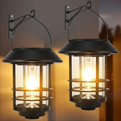 Solar Lights Outdoor Garden, 2Pack Hanging Solar Lanterns for Outside, Outdoo Lighting for Outside with Realistic Flickering Flame LED, Garden Lights Suitable for Decorating Paths and Terraces