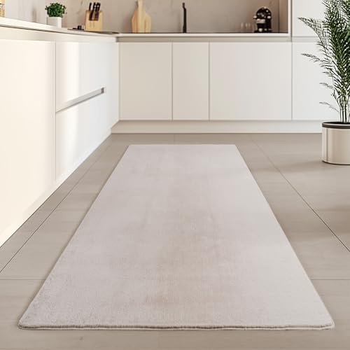Carpetsale24 Kurzflor Teppich Läufer Flur 80 x 250 cm Creme - Teppich Waschbar, rutschfest, Weich, modern einfarbig Design - für Wohnzimmer, Schlafzimmer, Küche, Esszimmer