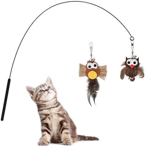 Naapesi 2 Sets Jeu Interactif Chat, Jouet Chat Interieur Interactif avec Plumes Oiseau, Jouet pour Chat avec Clochette, Canne a Peche Chat, Jouet Chaton