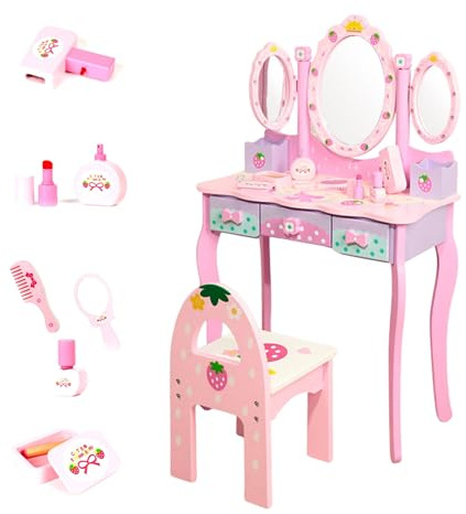 Toeletta per Bambini in Legno con Sgabello e Cassetti. Tavolo da Trucco per Bambine con Specchio Pieghevole e Accessori. Set da Trucco con Sedia per Bambina +3 Anni, Regalo Perfetto per Compleanno.