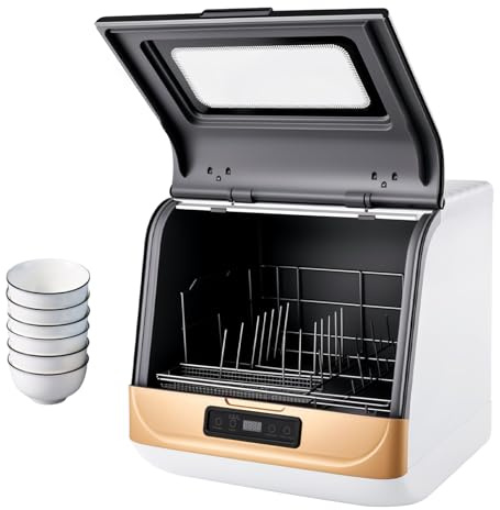 Lavastoviglie da tavolo, mini lavastoviglie con 3 programmi, con attacco dell'acqua, utilizzabile per auto, display a LED, mini lavastoviglie per ufficio, campeggio, camper (nero e oro)