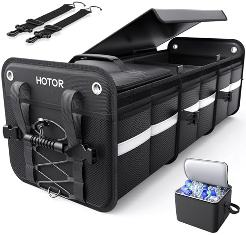 HOTOR Trunk Organizer - 3-Compartment Car Organizer and Storage with Cooler Bag, Foldable Car Storage Organizer for SUV with Handles & Strap for Shopping, Picnic, 33.1 x 13.0 x 11.8, Black