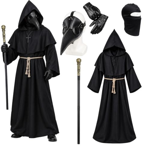Plague Doctor Halloween Costume, Long Nose Beak Mask Adult Plague Doctor Mask Priest Robe Scepter Cross Necklace Belt Leather Gloves Balaclava Halloween Carnival Fancy Dress Cosplay Costume