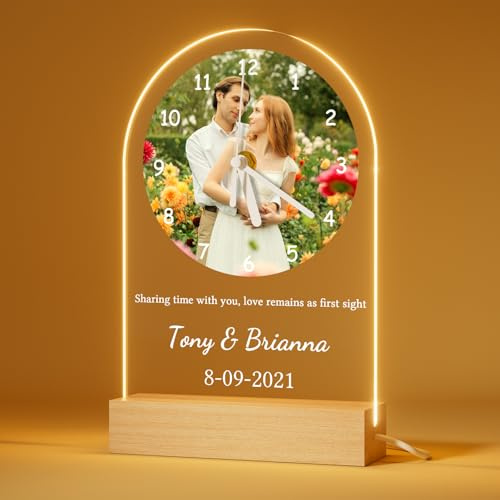 Bemaystar Personalised Wedding Anniversary Photo Gifts - Engagement Gifts for Couples, Personalised Desk Clock with Picture Text, Birthday Gifts for Women, Personalised Photo Frame with Night Light