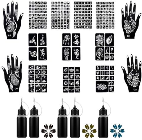 Henna Tattoo Schablonen Kit, 5 Inks 14 Blatt Henna Schablonen, Henna Tattoo Schwarz, Glitter Tattoos Schablonen, Temporäre Farbe Tattoos Set für Erwachsene Hochzeit