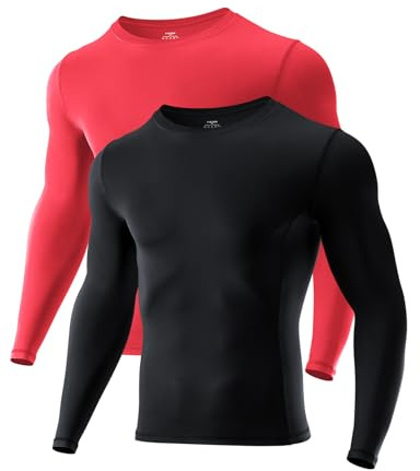 Niksa Kompressionströja herr lång ärm, sportskjorta män andas och svettavledande, funktionell skjorta för fitness, löpning, gym, träning (1/2-pack), B: Svart, röd, M