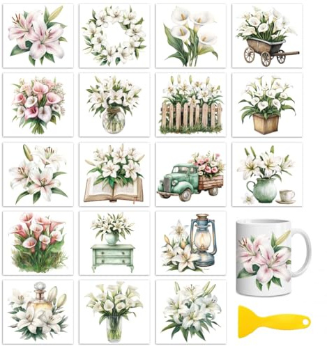 Peacoblue Rub on Aufkleber,Lilien und Calla-Lilien Transfersticker UV DTF | 18 Blatt wasserfeste UV DTF sticker Rub On Folien für Holz, Glas, Metall, Becher, Spiegel und DIY Wohndekoration