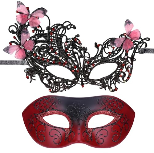 Venezianische Augenmaske Maskenball Faschingsmaske Kostüm Violette Maskerade 2er Set Masken für Paare Mysteriöse Spitzenmaske Vintage Antike Schmetterlingsmaske für Männer und Frauen Karneval Prom